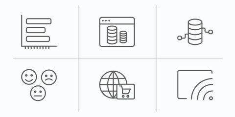Poster - user interface outline icons set. thin line icons such as dual bars interface, data windows, data analytics cylinder, emot, cart interface, stream vector.