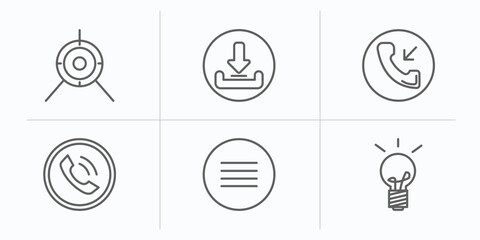 Poster - ultimate glyphicons outline icons set. thin line icons such as target with circle, download arrow with bar, incoming calls, call contact, circle menu, light bulb on vector.