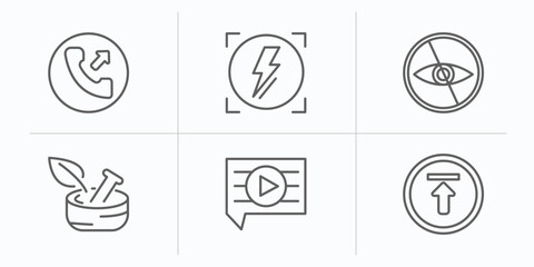Poster - ultimate glyphicons outline icons set. thin line icons such as phone with right arrow, automatic flash, private eye, medicine mortar, video comment, upload arrow with bar vector.