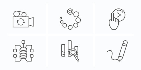 Poster - user interface outline icons set. thin line icons such as switch video, loading process, slide right, data connection, data analysis, pen writing a line vector.