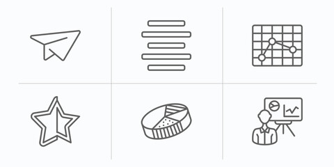 Poster - user interface outline icons set. thin line icons such as flying origami airplane, justify, boxed line stocks, black star, pie with four areas, person explaining data vector.