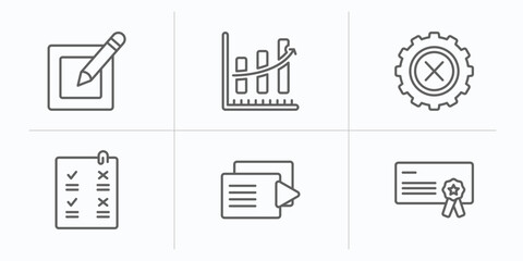 Poster - user interface outline icons set. thin line icons such as writing square, increasing data, bad tings, confirmity, play files, rectangular certificate vector.