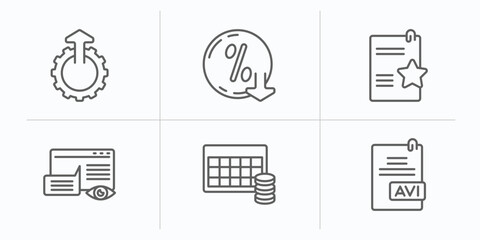 Poster - user interface outline icons set. thin line icons such as upload up, less percentage, documents with a star, data viewer, table for data, avi extension vector.