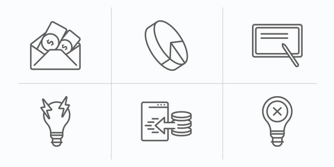Poster - user interface outline icons set. thin line icons such as dollars in a mail, 3d pie chart, blackboard with, brainstorming, data import interface, bad idea vector.