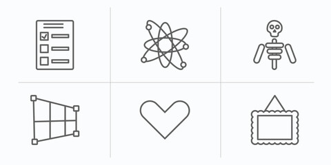 Poster - user interface outline icons set. thin line icons such as test quiz, nuclear cells, anatomy class skeleton, crop perspective, hearth, image with frame vector.
