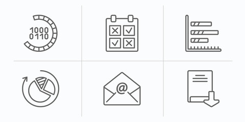 Poster - user interface outline icons set. thin line icons such as binary code loading, comparision table, bars chart page, reload pie chart, email opened envelope, download ebook vector.