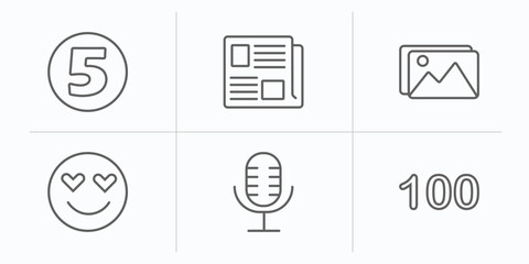 Poster - user interface outline icons set. thin line icons such as number, newspaper folded, images, in love smile, mic interface, one hundred vector.