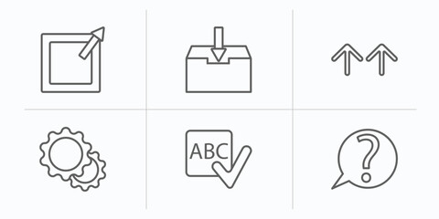 Poster - user interface outline icons set. thin line icons such as external, file inbox, top arrows, tings, spellcheck, question button vector.