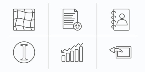 Wall Mural - user interface outline icons set. thin line icons such as mesh, add new document, contact notebook, italics, decreasing bars chart, window back button vector.