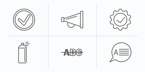 Poster - user interface outline icons set. thin line icons such as round done button, amplified speaker, right tings, spray paint, strikethrough, answer vector.