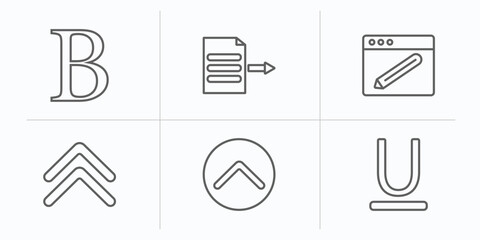Poster - user interface outline icons set. thin line icons such as bold text, export archive, gross pencil, up chevron, top button, underline vector.