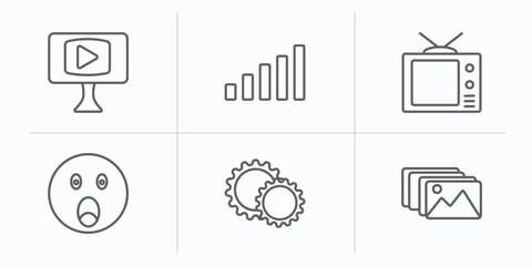 Poster - user interface outline icons set. thin line icons such as video in browser, level, eighties, shocked smile, gear option, photo album vector.