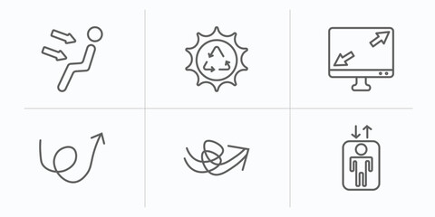 Poster - user interface outline icons set. thin line icons such as air outlet, solar recycle, display size, swirly scribbled arrow, sketch loop arrow, lift vector.