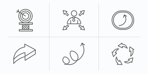 Poster - user interface outline icons set. thin line icons such as archery champion, multitasking worker, spinning left arrow, 3d forward arrow, swirly arrow, spinning arrows vector.