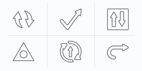 Poster - user interface outline icons set. thin line icons such as update arrow, check mark arrow, elevator arrows, triangular, updating arrow, curved right vector.