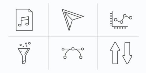 Poster - user interface outline icons set. thin line icons such as music file, direct selection, line dot chart, selective, anchor point, up and down arrow vector.