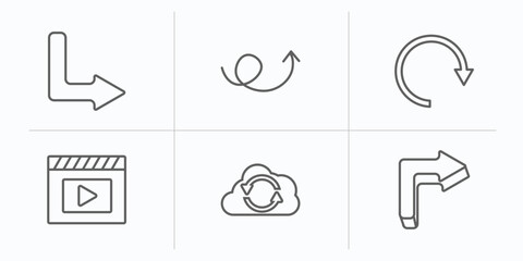 Poster - user interface outline icons set. thin line icons such as down right arrow, up arrow with scribble, rotating arrows, movie play button, back up, 3d turn right arrow vector.