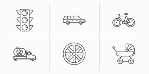 Poster - transport outline icons set. thin line icons such as semaphore, long car, bicycle side view, gas truck, alloy wheel, pram vector.