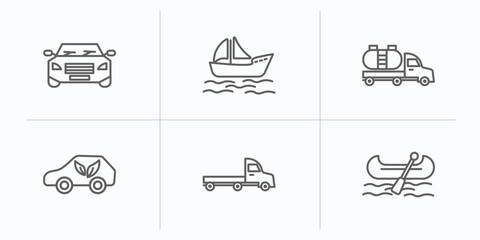 Poster - transportation outline icons set. thin line icons such as car frontal view, yawl, tanker, eco-friendly transport, flatbed lorry, gondola vector.