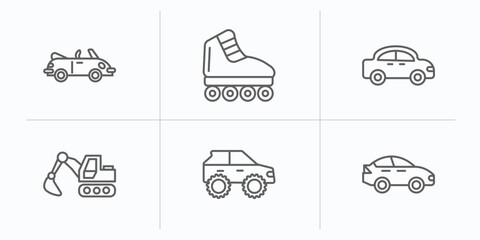 Poster - transportation outline icons set. thin line icons such as cabriolet, inline skates, automobile, excavators, all terrain vehicle, sedan vector.