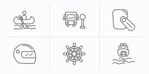 Poster - transport outline icons set. thin line icons such as boating, school bus stop, hands free device, motorsport, ship wheel, ferry carrying cars vector.