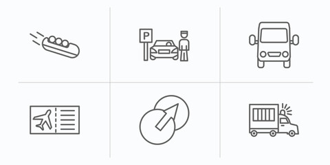 Poster - transport outline icons set. thin line icons such as bobsleigh, parking men, van front view, plane tickets, transition, prison bus vector.