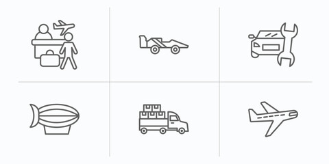 Poster - transport outline icons set. thin line icons such as airport checking, formula 1, car repair, blimp, loaded truck side view, planes vector.