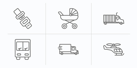 Poster - transport outline icons set. thin line icons such as seatbelt, babysitter, trucking, public transportation, free transport, small helicopter vector.