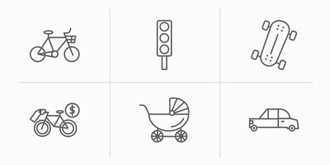 Poster - transport outline icons set. thin line icons such as bikes, car traffic, longboard, bicycle rental, 