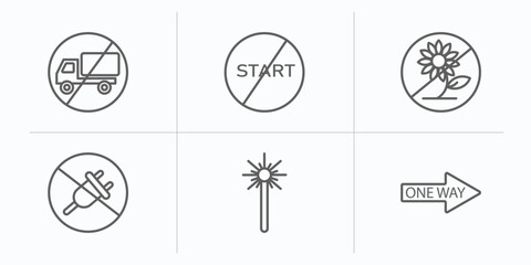 Poster - traffic signs outline icons set. thin line icons such as no trucks, no straight, no picking flowers, plug, laser, one way vector.