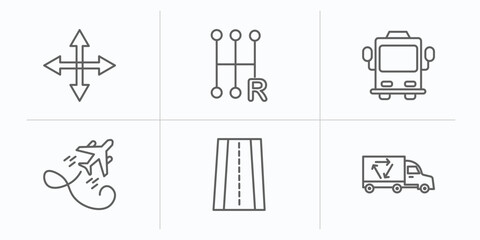 Poster - transport outline icons set. thin line icons such as movement, shift, bus front with driver, flying airplane, road with broken lines, recycling truck vector.