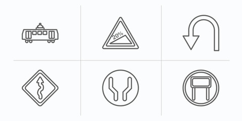 Poster - traffic signs outline icons set. thin line icons such as tram, steep descent, u turn, winding road, wide road, tall vector.