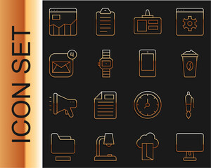 Poster - Set line Computer monitor, Fountain pen nib, Coffee cup go, Identification badge, Wrist watch, Envelope, Graph chart infographic and Mobile phone icon. Vector