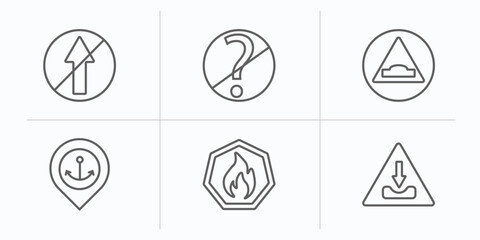 Poster - traffic signs outline icons set. thin line icons such as no straight, no doubt, humps, port, fire, pothole vector.