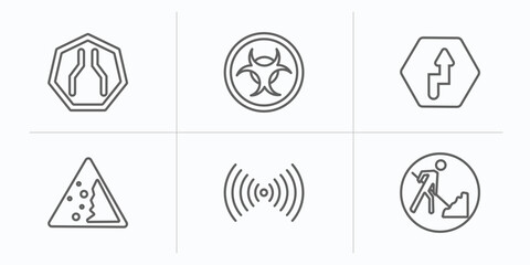 Poster - traffic signs outline icons set. thin line icons such as narrow road, biological hazard, right reverse bend, falling rocks, , road work vector.