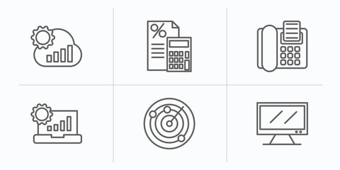 Poster - technology outline icons set. thin line icons such as cloud analysis, calculations, fax phone, analysis process, radar sweep, big tv vector.