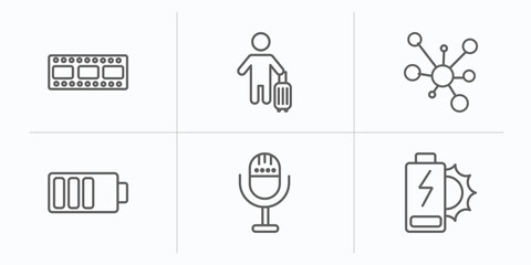 Poster - technology outline icons set. thin line icons such as horizontal film strip, touristic, conection, baterry, microphone voice, solar battery vector.