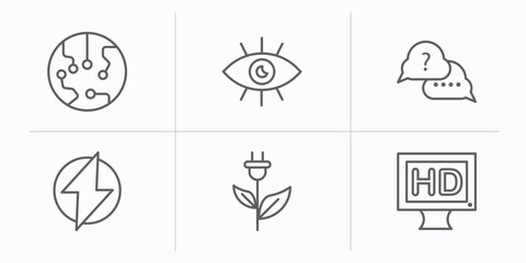 Poster - technology outline icons set. thin line icons such as transistor, black eye, asking, electric, ecologic electricity, hd monitor vector.