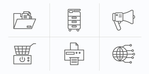 Poster - technology outline icons set. thin line icons such as file storage, office printer, modern horn, fryer, paper printer, globe connected circuit vector.