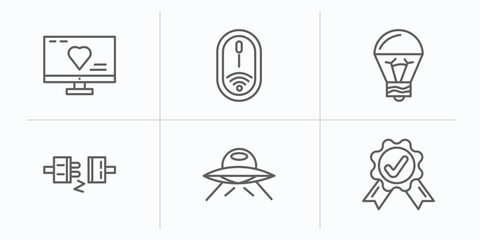 Poster - technology outline icons set. thin line icons such as heart in a screen, wireless mouse, led lamp, plugs, science fiction, warranty certificate vector.
