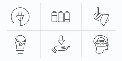 Poster - technology outline icons set. thin line icons such as electrical plug, battery levels, cinema light with cable, ecologic bulb, receive, binary mind vector.