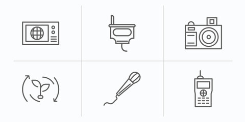 Poster - technology outline icons set. thin line icons such as world news, power plug, camera front view, natural resources, mic with long cable, big walkie talkie vector.