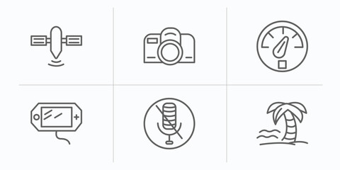 Poster - technology outline icons set. thin line icons such as satellite transmission, reflex photo camera, vehicle speedometer, , microphone interface, holiday vector.