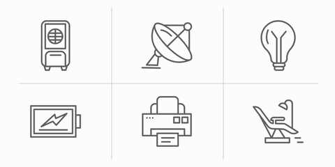 Poster - technology outline icons set. thin line icons such as air cooler, dish, bulb, battery level, printing, operating table vector.