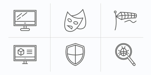 Poster - technology outline icons set. thin line icons such as computer screen linux, theater, air direction, 3d printing software, shields, search bug vector.