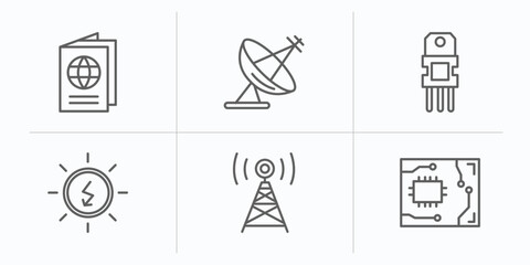 Poster - technology outline icons set. thin line icons such as international passport, parabolic, resistor, sun energy, media, circuit board vector.