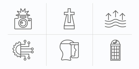 Poster - technology outline icons set. thin line icons such as camera flash, cross stuck in ground, evaporation, technology, face shield, phone box vector.