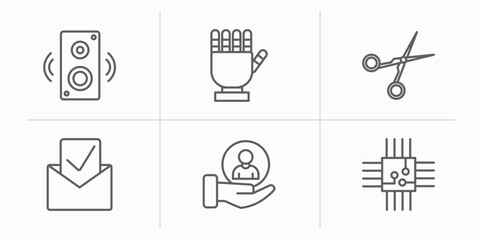 Poster - technology outline icons set. thin line icons such as sound box, robotic hand, hairdressing tools, received, client, big chip vector.