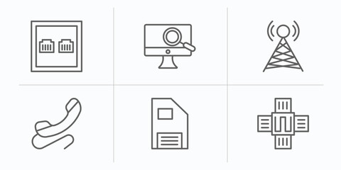 Poster - technology outline icons set. thin line icons such as telephone connector, digitate, cell tower, phone with wire, big floppy disk, naensor vector.