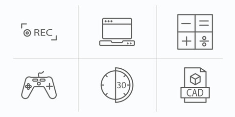 Poster - technology outline icons set. thin line icons such as recording, open laptop, mathematical operations, antique gamepad, half hour, cad vector.